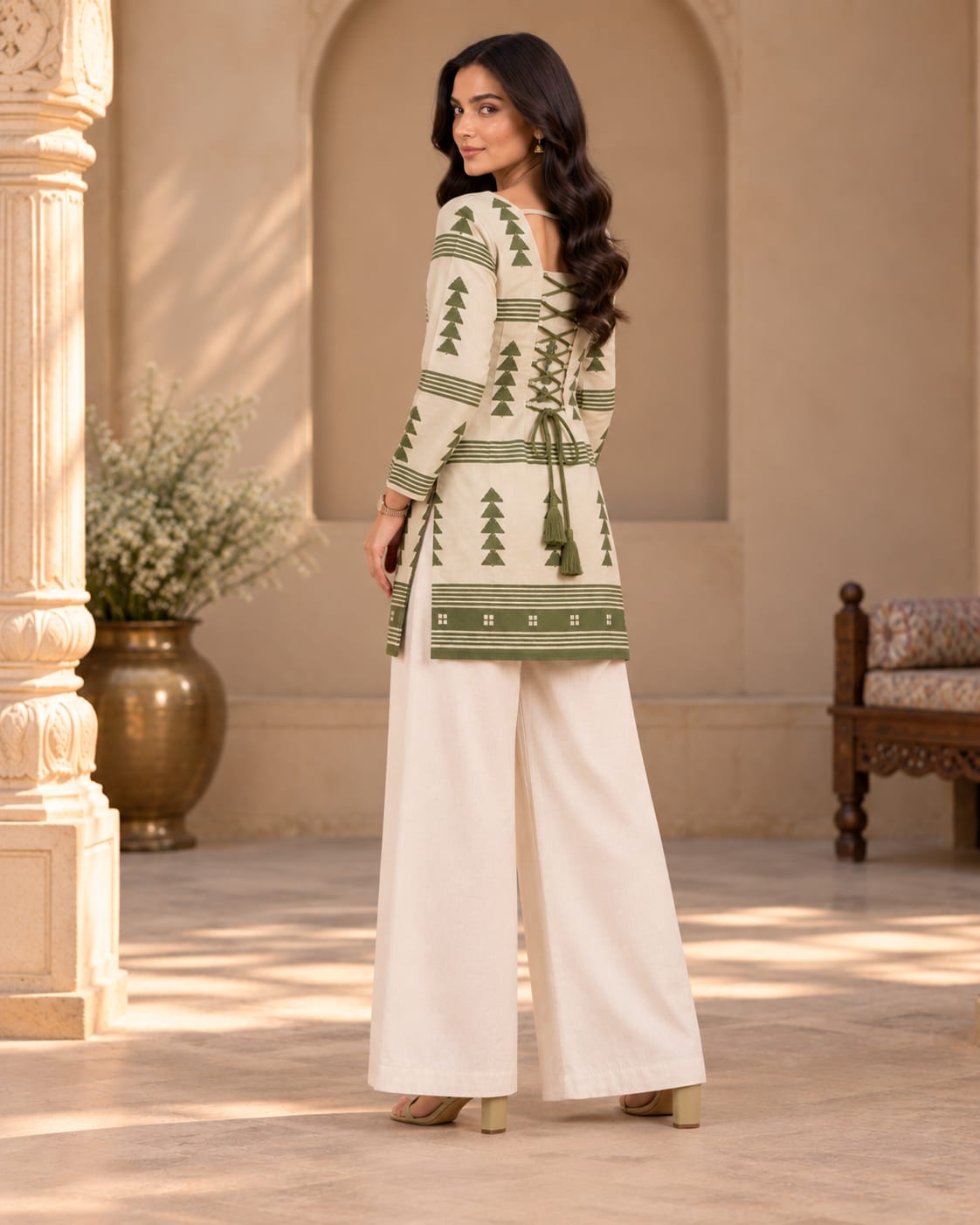 Olive Green Geometric Print Cotton Kurti