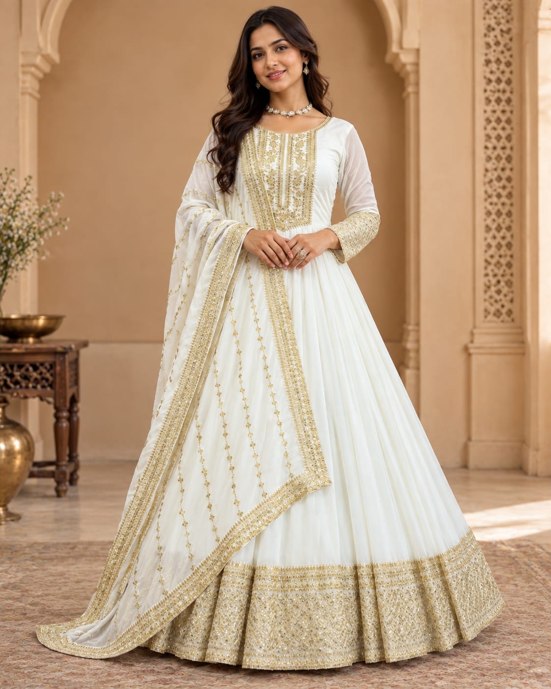 Regal Ivory Gold Anarkali Gown Set