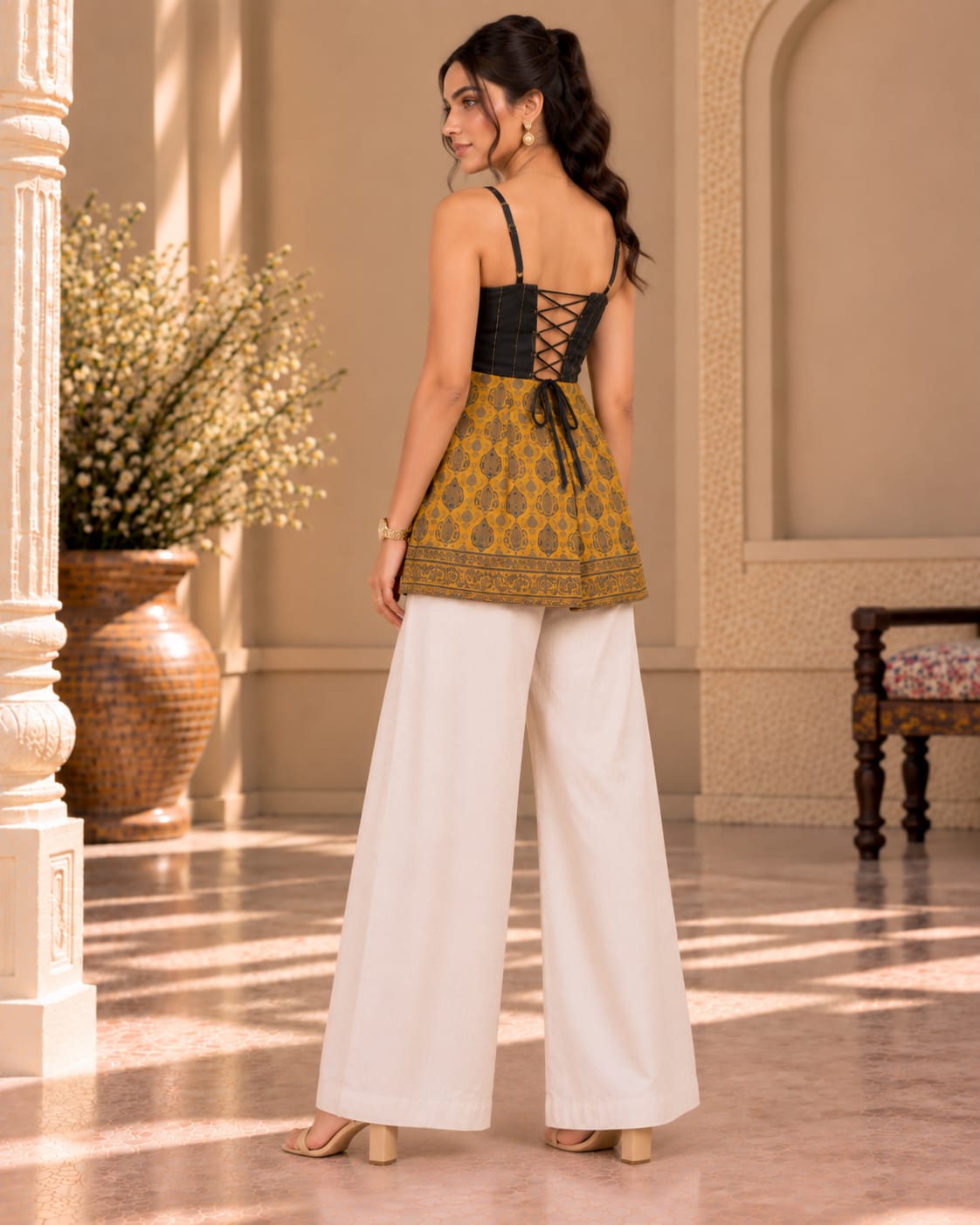 Mustard & Black Fusion Peplum Kurti Top