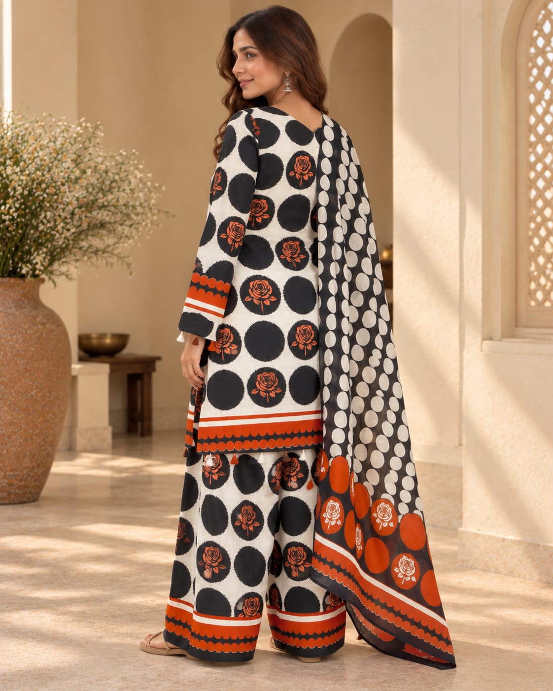 Festival Special Cotton Rose Print Kurta with Farshi Pant and Dupatta Set