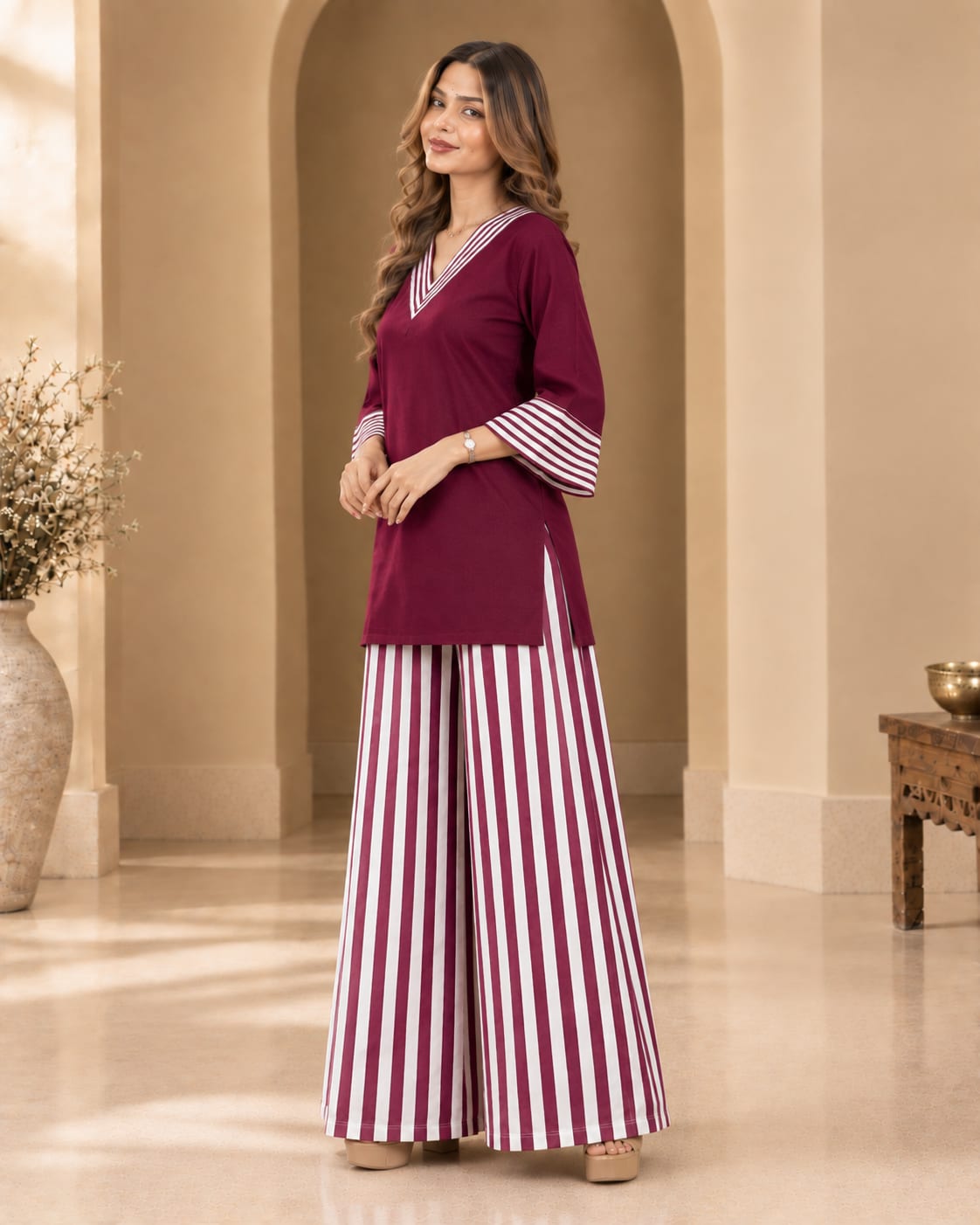 Cotton Striped V-Neck Tunic and Wide-Leg Palazzo Co-Ord Set