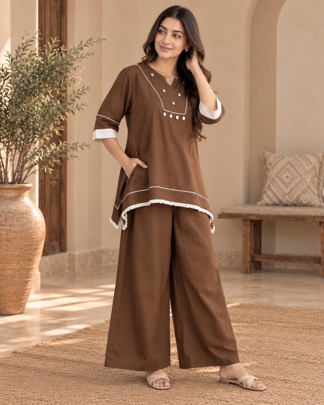 Cotton Kaftan-Pattern Tunic with Handwork Yoke and Palazzo Co-Ord Set
