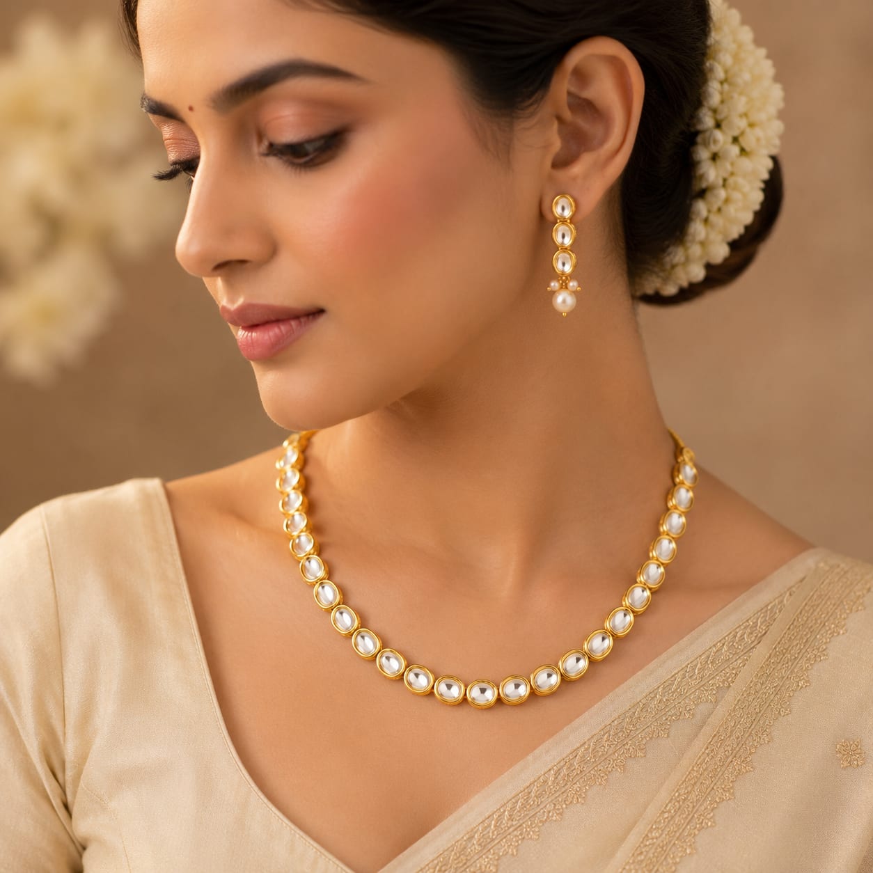 Traditional Gold-Plated Minimal Kundan Necklace Set with Matching Earrings – Gold & White