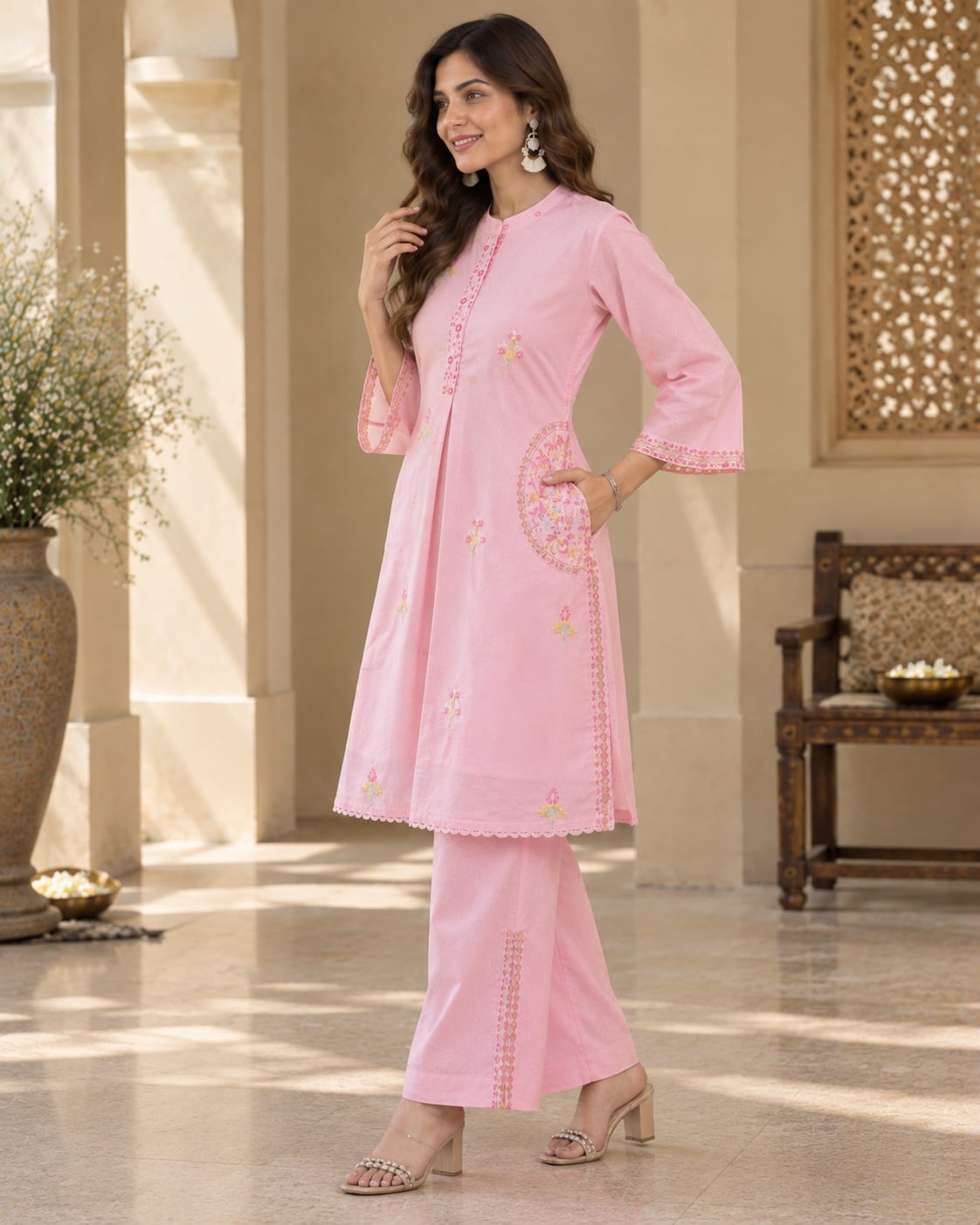 Pure Cotton Floral Embroidered Kurta and Palazzo Co-Ord Set