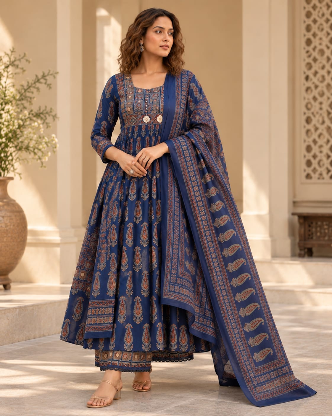 Ajrakh Handwork Indigo Anarkali Palazzo Suit