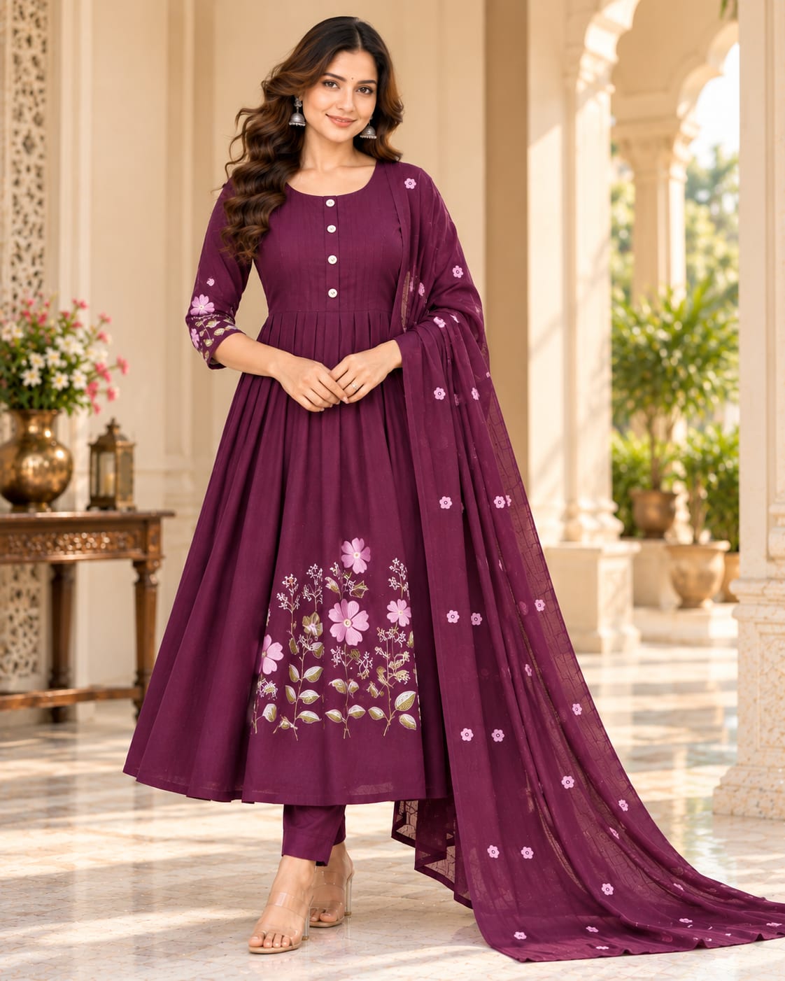 Regal Plum Blossom Embroidered Anarkali Suit Set