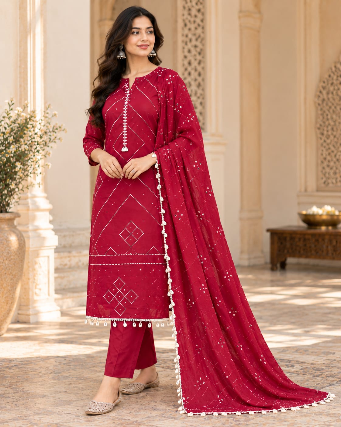 Maroon Bandhani-Inspired Cotton Suit Set with Cowrie Detailing