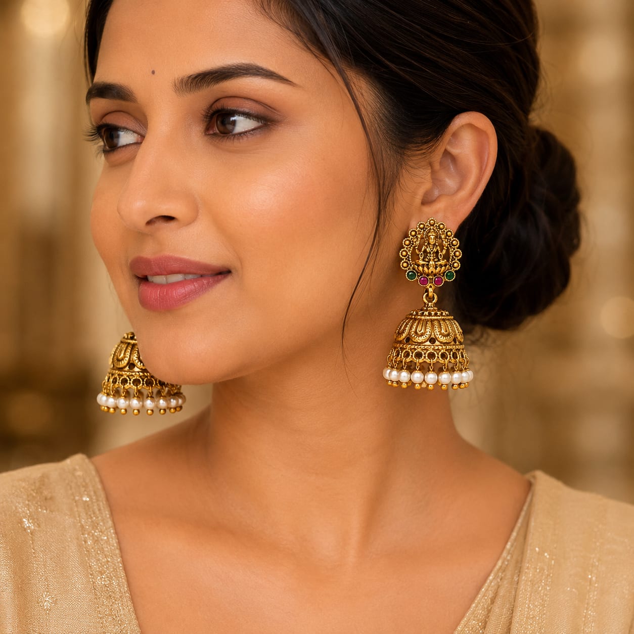 Lakshmi Temple Jhumka Earrings with Pearl, Pink & Green Stones