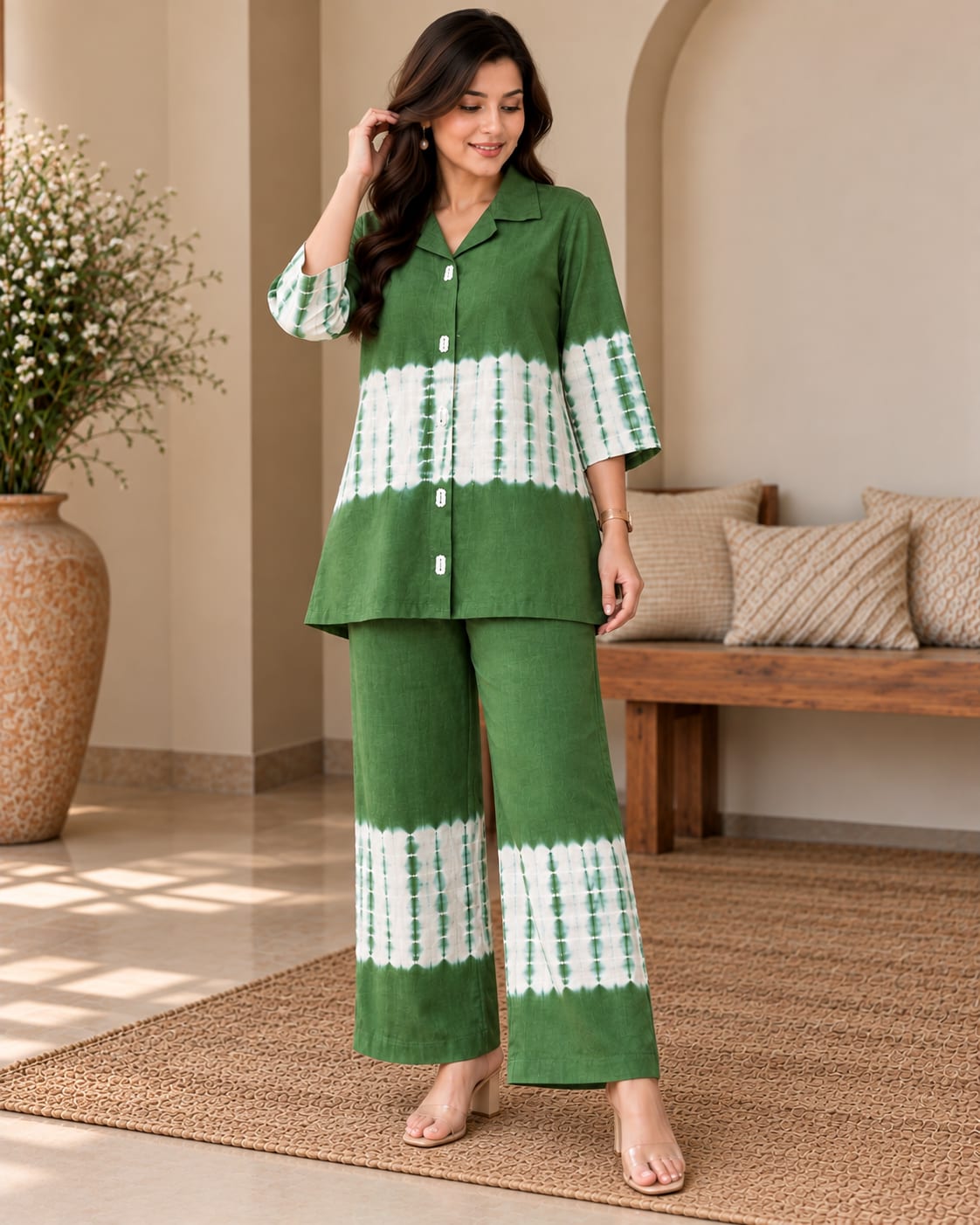 Khadi Linen Tie-Dye Batik Style Co-Ord Set with Lapel Collar Tunic and Wide-Leg Pants