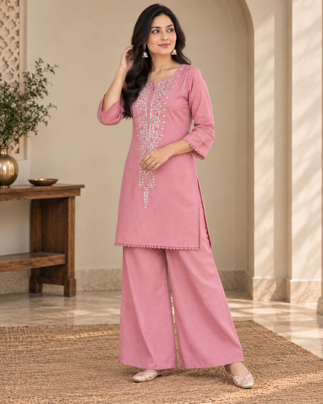 Cotton Flex Heavy Mirror Embroidered Kurti and Palazzo Co-Ord Set