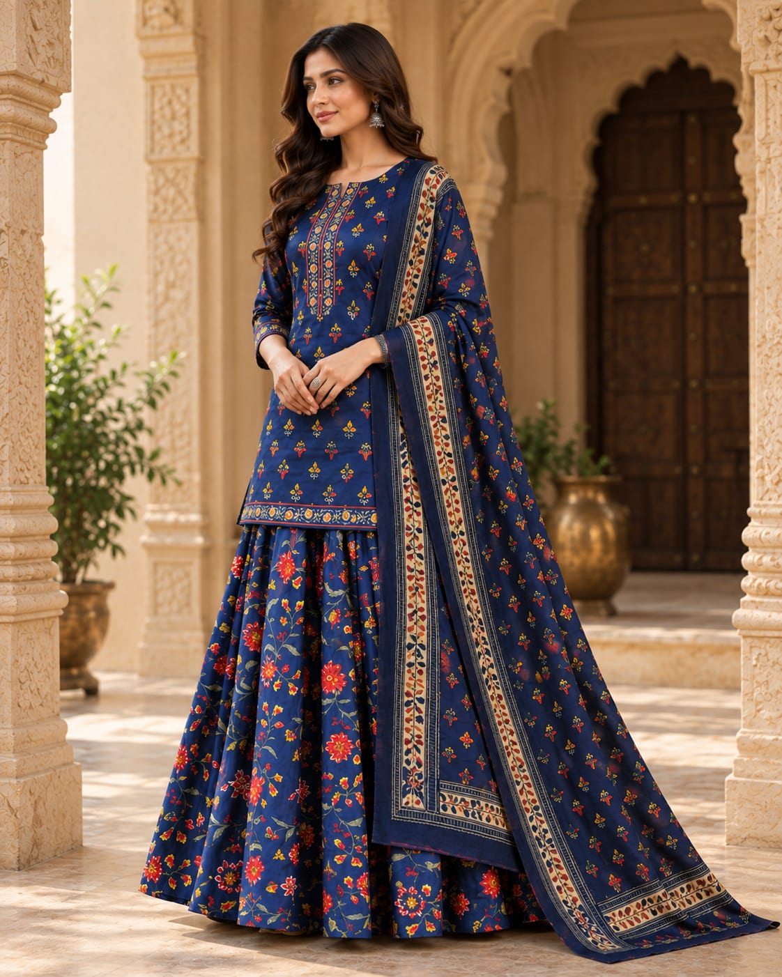 Jaipuri Floral Cotton Kurta Skirt Set