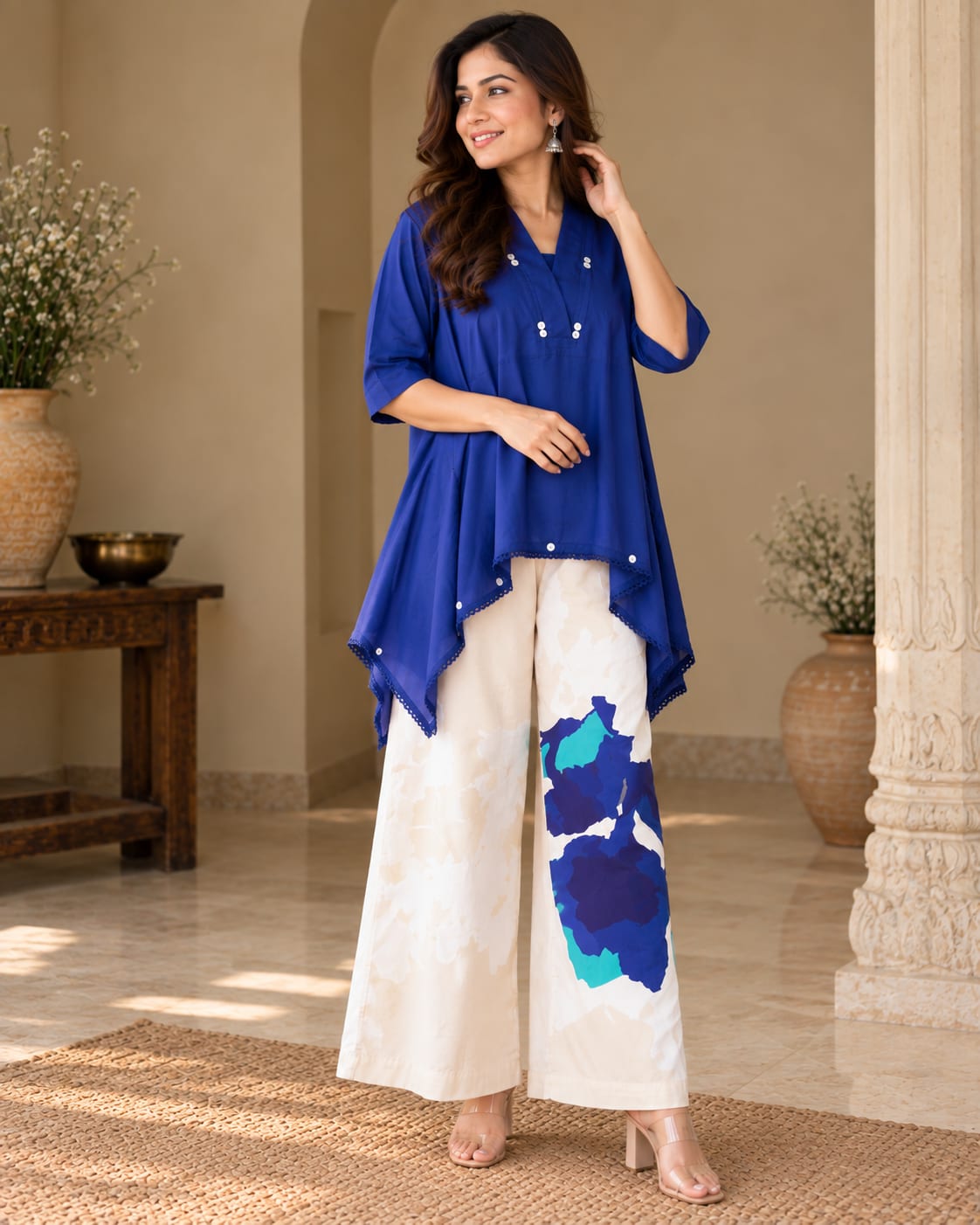 Asymmetric Hem Cotton Tunic with Oversized Floral Print Palazzo Co-Ord Set
