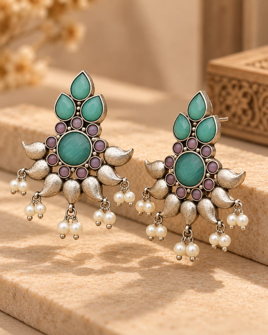 Netra Oxidized Green Stone Pearl Stud Earrings