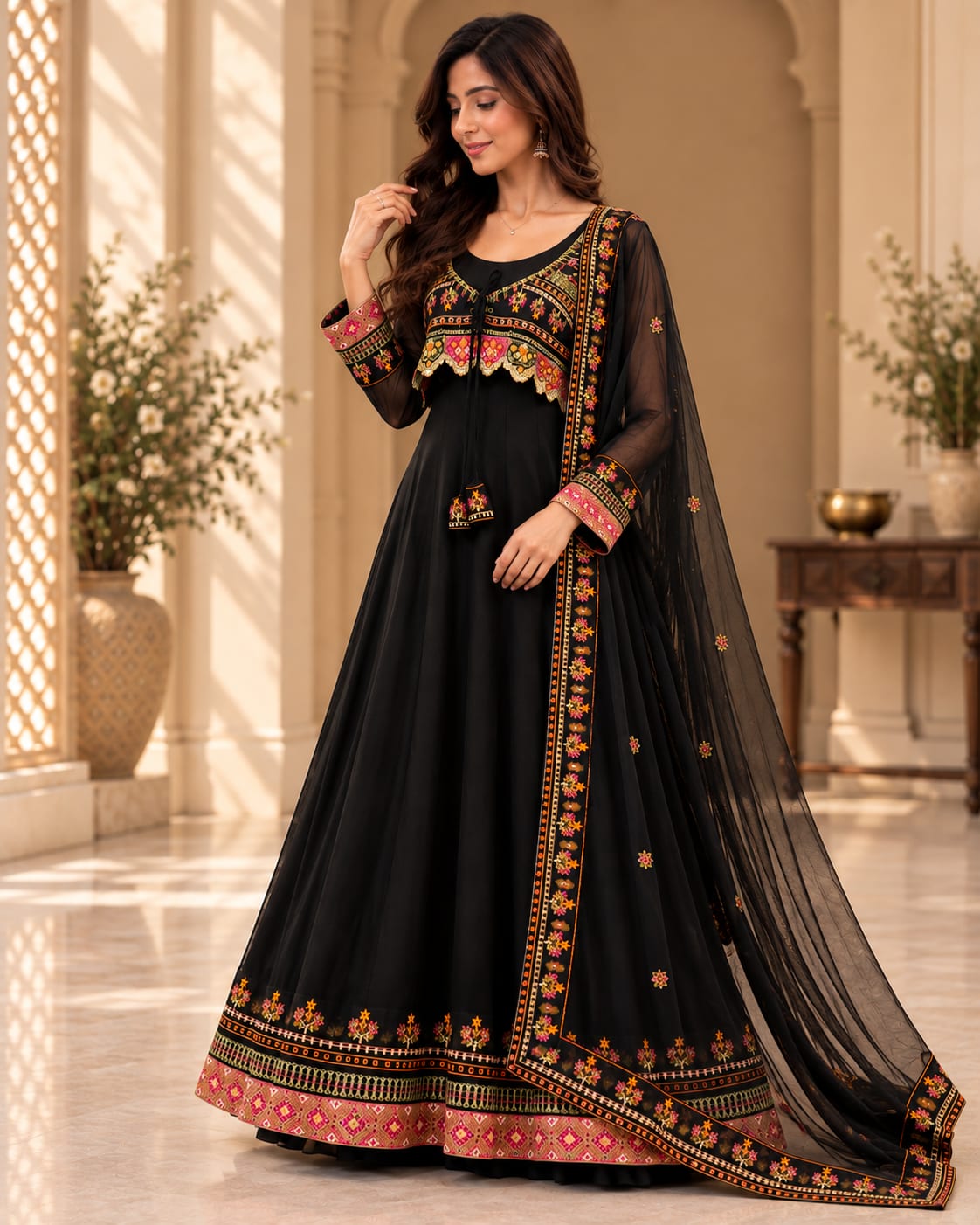 Midnight Bloom Embroidered Chanderi Anarkali Gown Set
