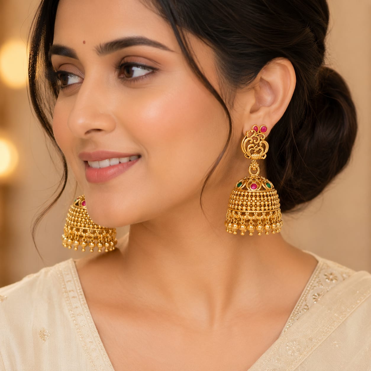 Gold-Tone Peacock Jhumka Earrings with Pink & Green Stones