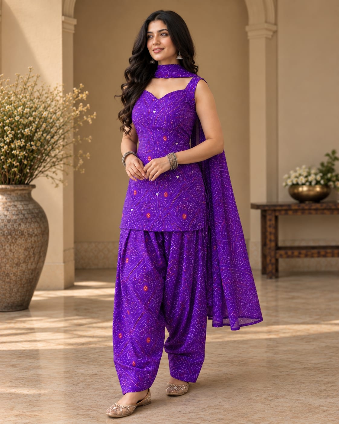 Sleeveless Bandhani Print Sweetheart Neckline Kurti with Flared Patiala Salwar and Dupatta Set