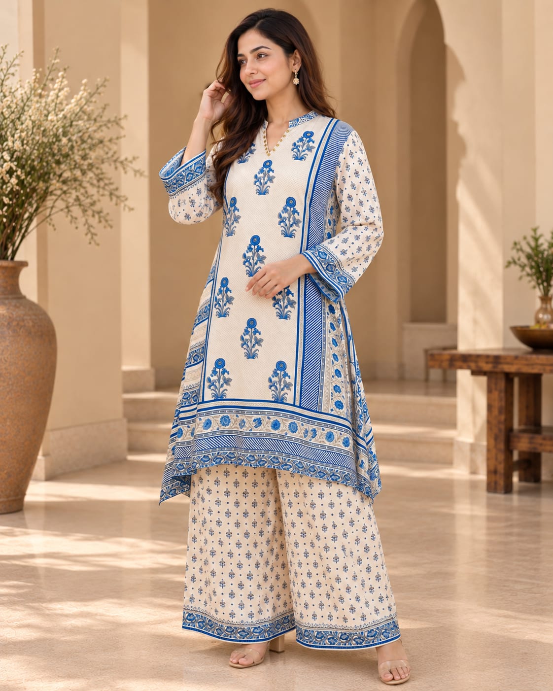 Ivory and Blue Pure Crepe Co-Ord Set with Traditional Floral Buta Prints and Handcrafted Neckline