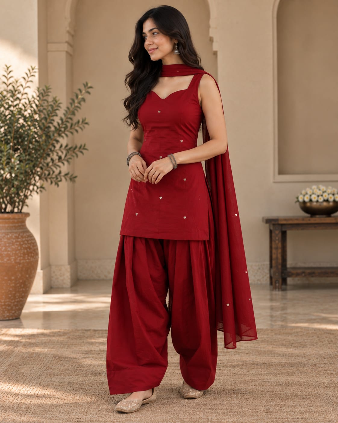 Original Pure Cotton Sleeveless Kurta with Voluminous Farshi Salwar and Chiffon Dupatta Set