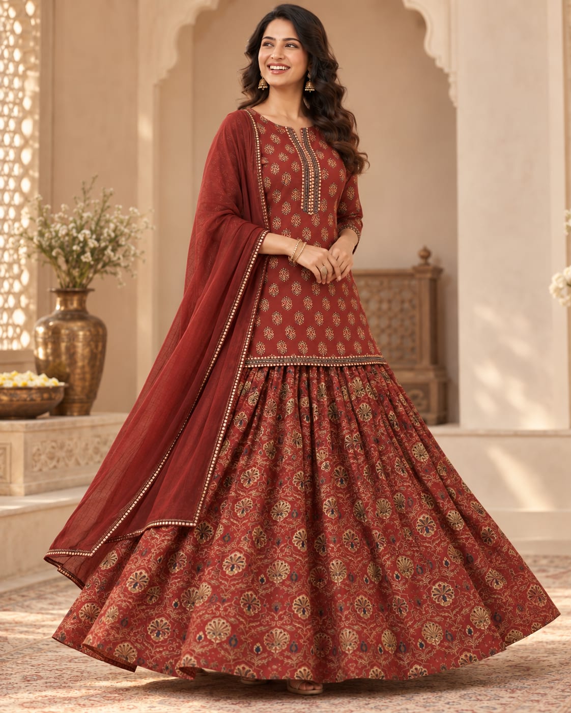 Crimson Hand Block Cotton Gopi Skirt Set