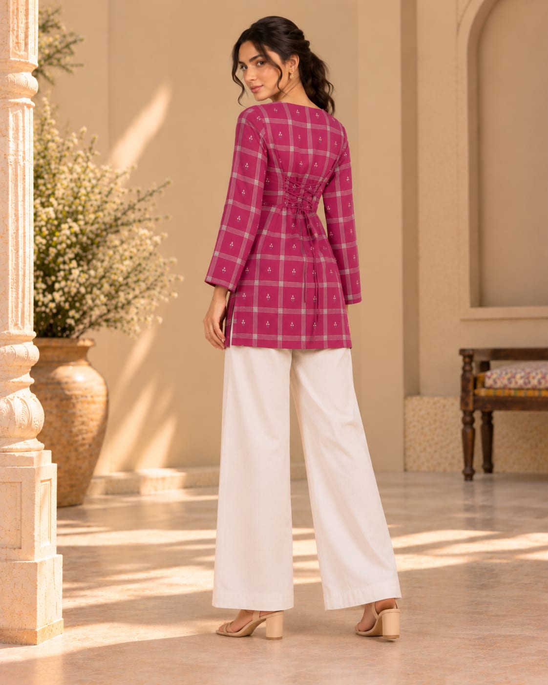 Berry Bloom Checked Scallop Tunic
