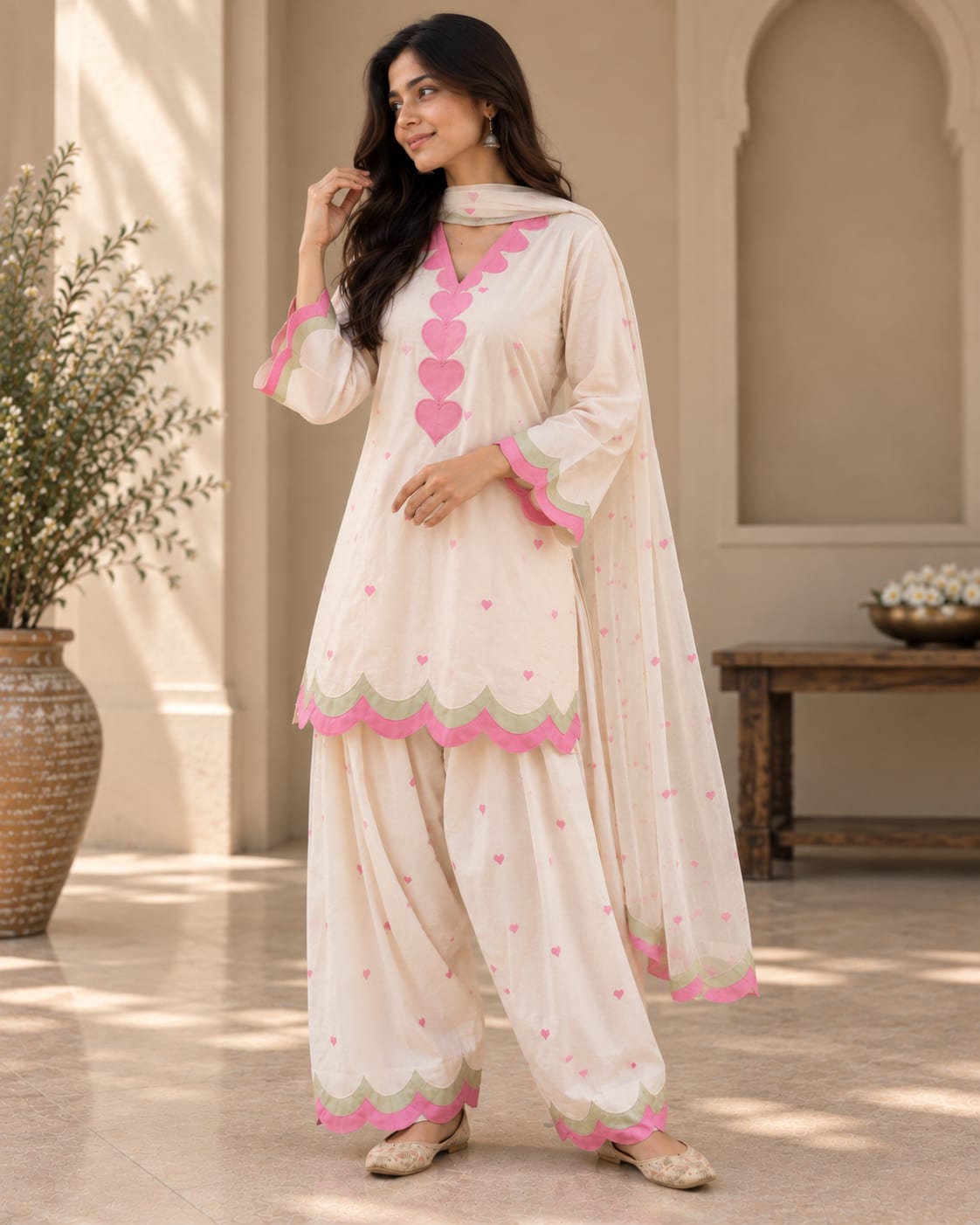 Designer Mal Cotton Heart Applique Short Kurta with Matching Farshi Salwar and Dupatta Set