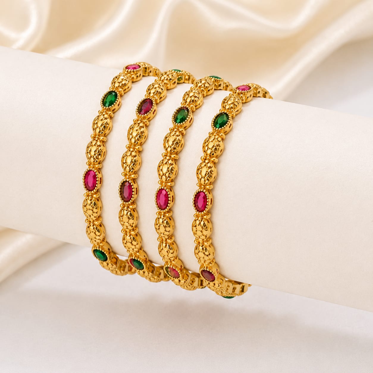 Gold-Tone Stone Studded Designer Bangles with Pink & Green Stones – Pack of 4