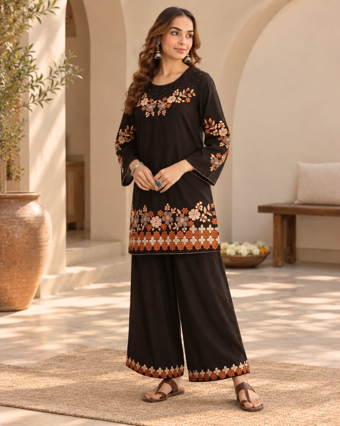 Thread Embroidered Short Kurti and Palazzo Co-Ord Set with Border Detailing