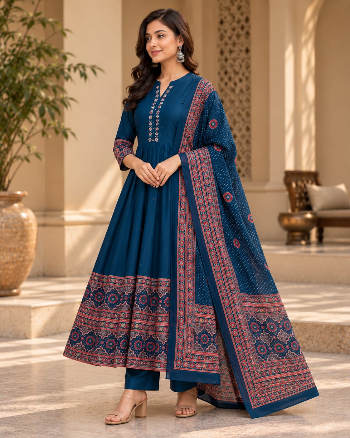 Hand-Embroidered Cotton Anarkali Suit with Block Print