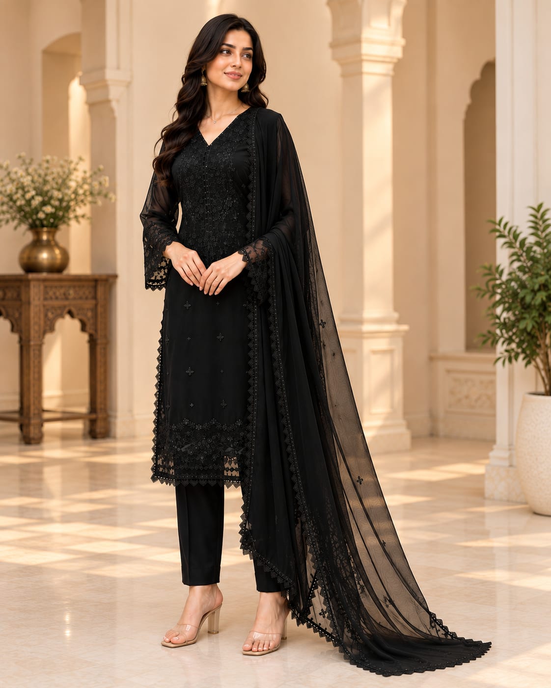 Midnight Noir Sequence Georgette Pant Suit Set