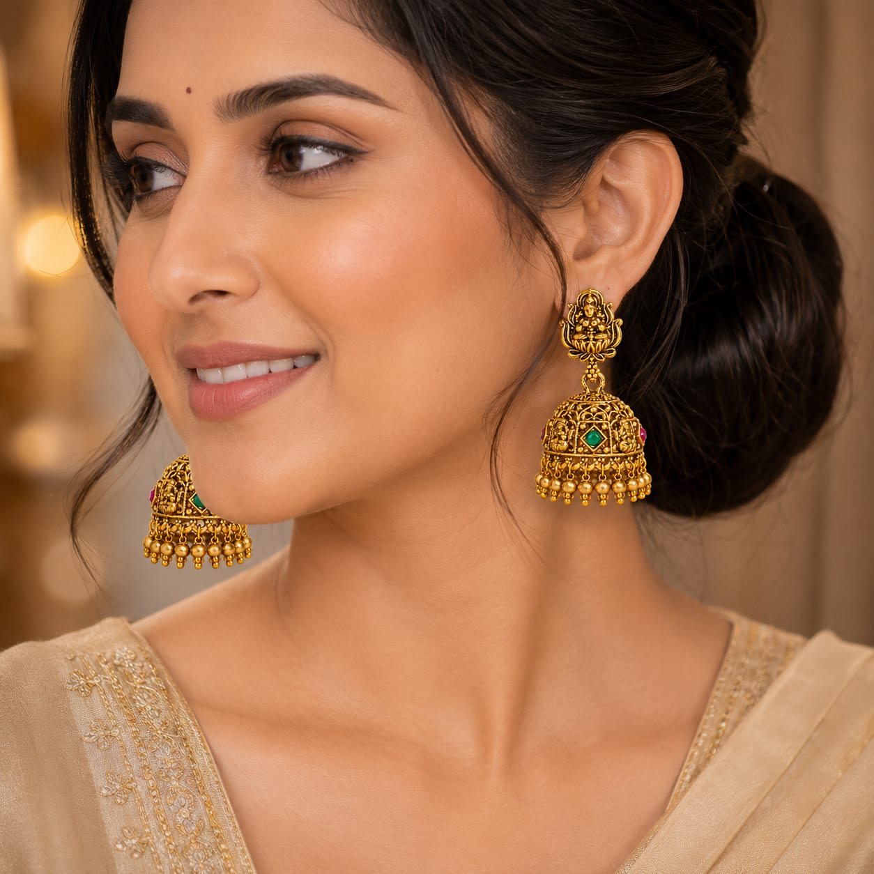 Lakshmi Devi Temple Jhumka Earrings with Pink & Green Stones