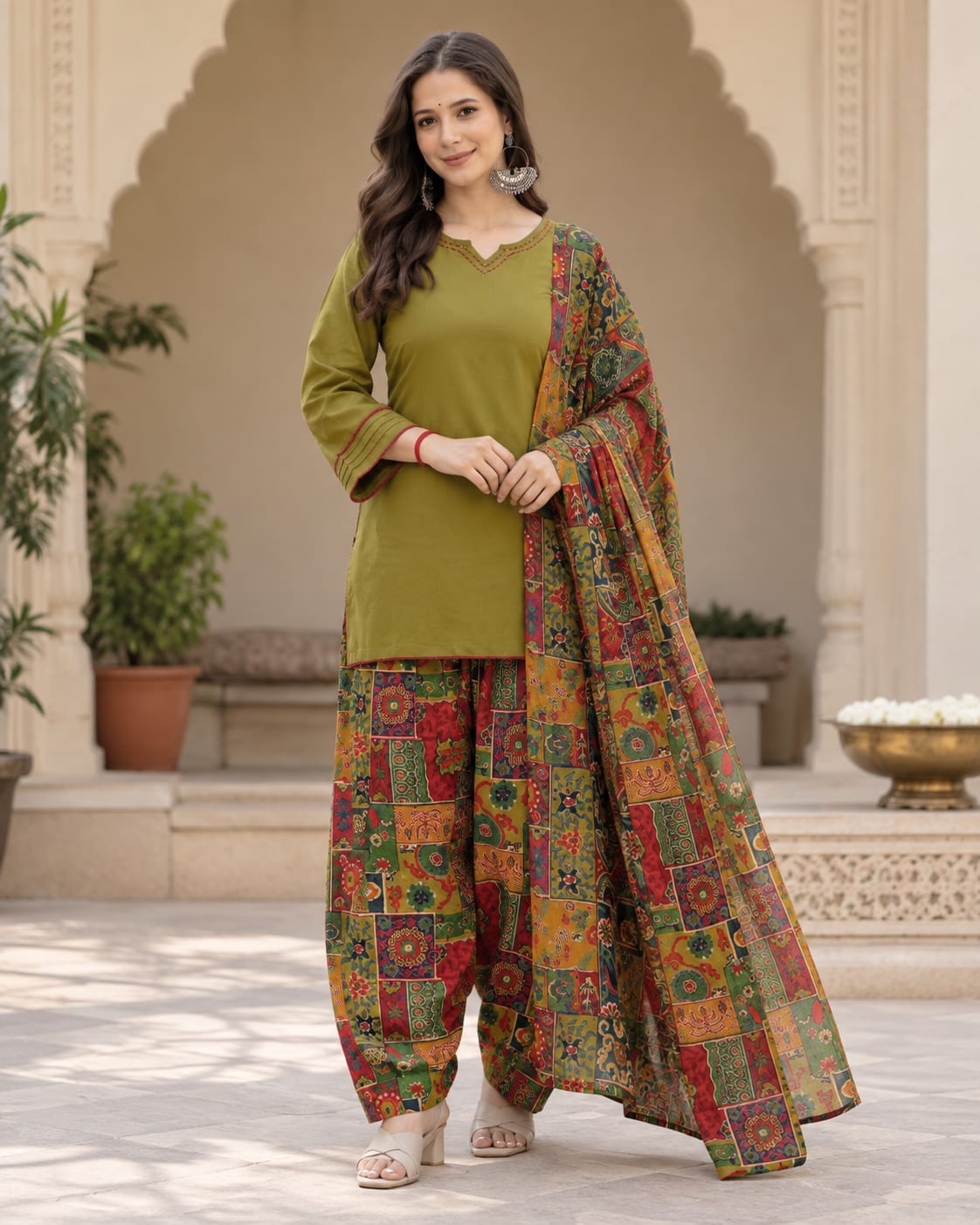 Olive Green Solid Cotton Kurta with Multicolored Patchwork Print Patiala Salwar and Dupatta Set