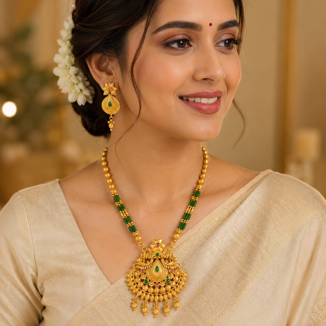 Traditional Gold-Plated Green Beaded Temple-Style Necklace Set with Matching Earrings