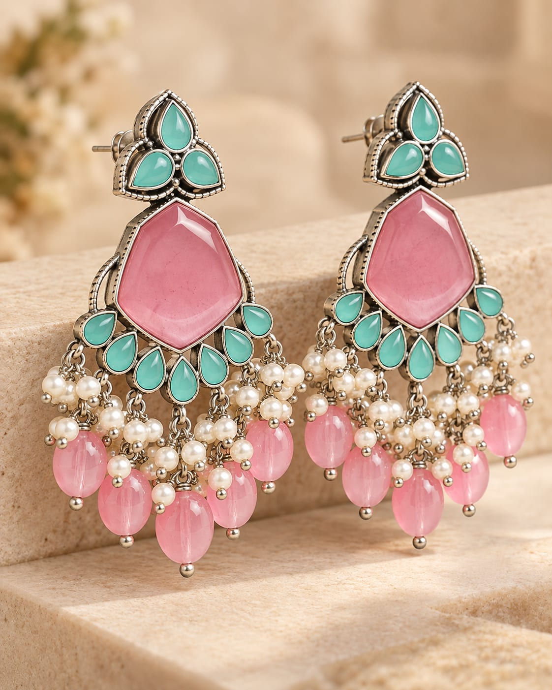 Yukta Pink & Aqua Stone Dangler Earrings