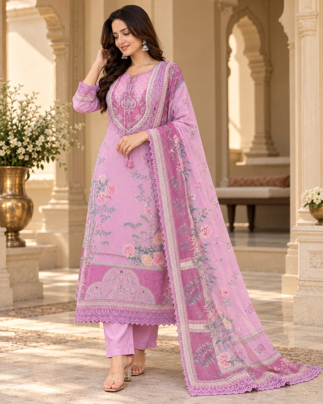 Lilac Muslin Pakistani Suit with Floral Embroidery