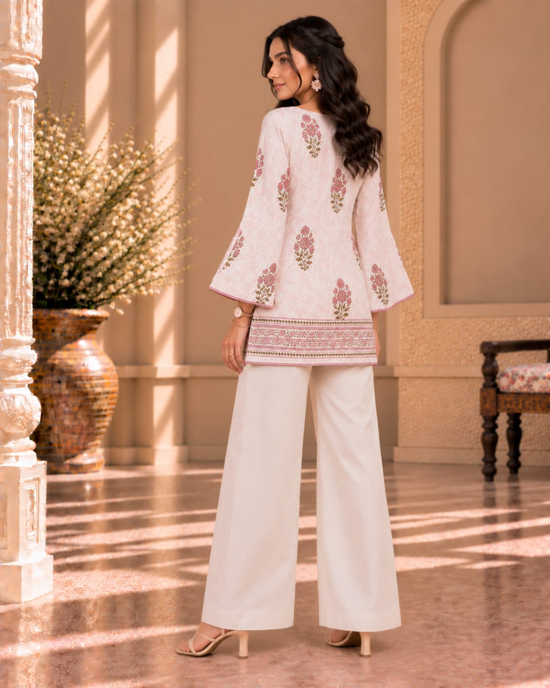 Blush Pink Floral Bell Sleeve Short Kurti