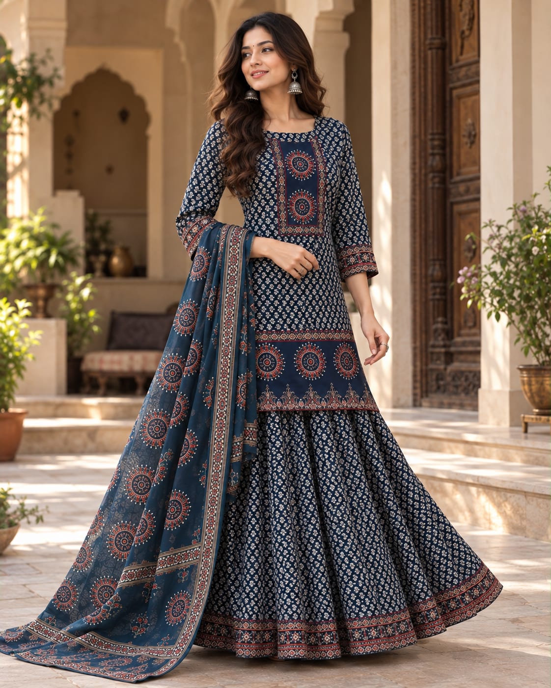 Ajrakh Print Cotton Gopi Sharara Set