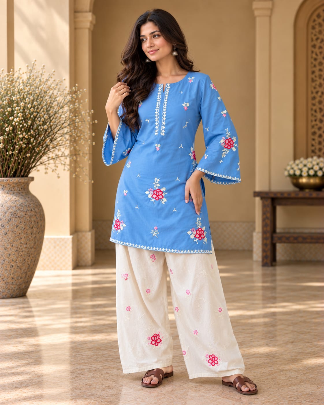 Elegant Cotton Modal Farshi Salwar Set with Delicate Embroidery and Lace Detailing