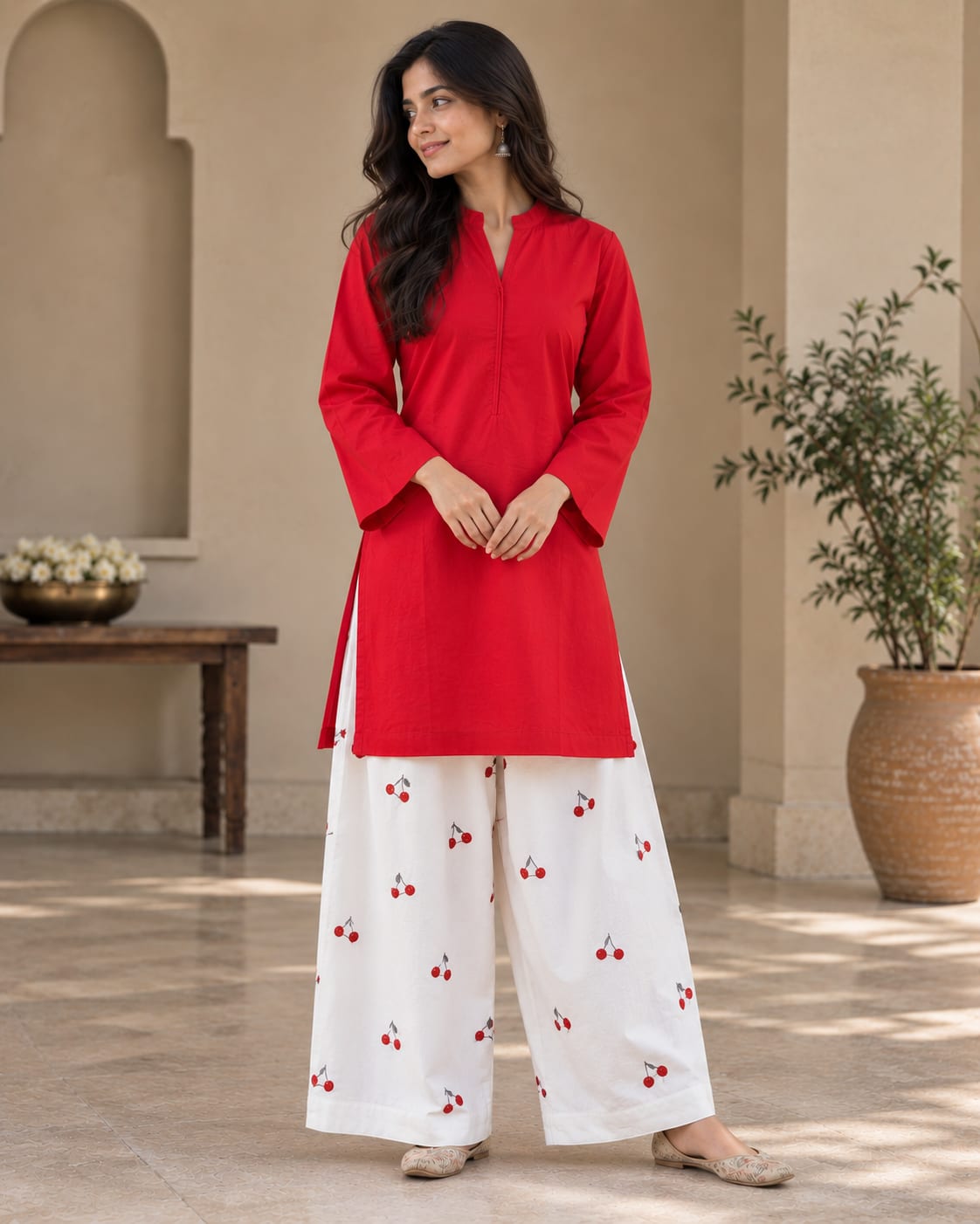 Solid Straight Cotton Kurta with Printed Wide-Leg Farshi Palazzo Set