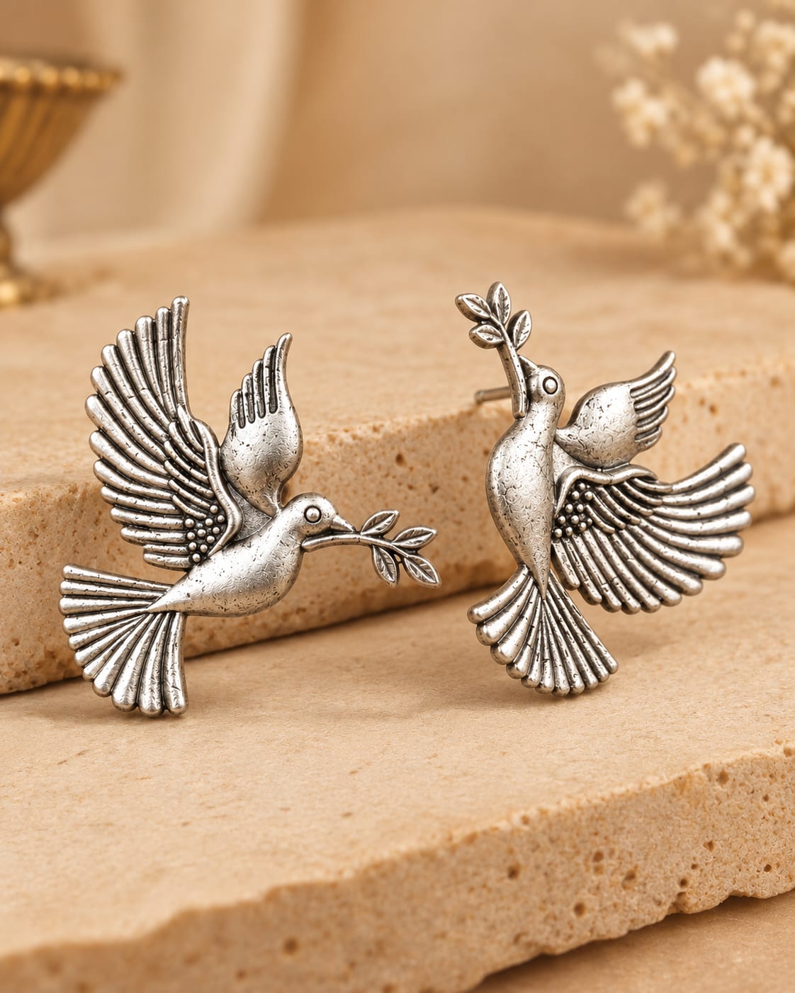 Parinda Peace Dove Oxidized Stud Earrings