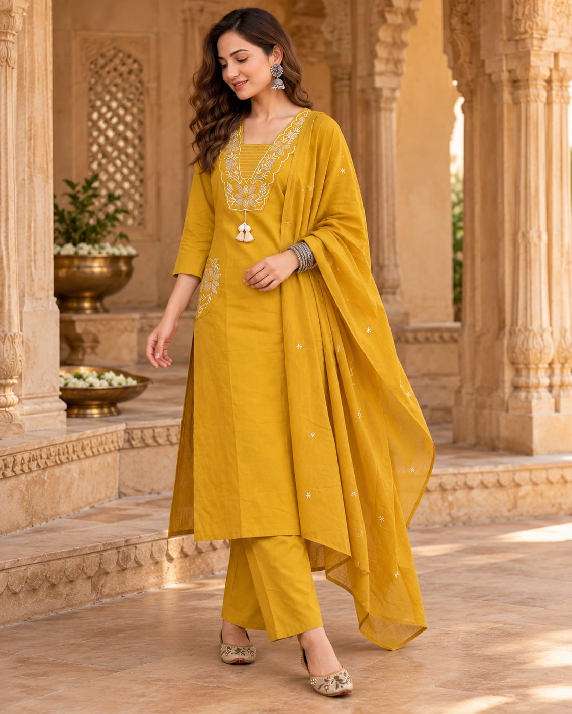 Jaipuri Embroidered Cotton Kurta Set