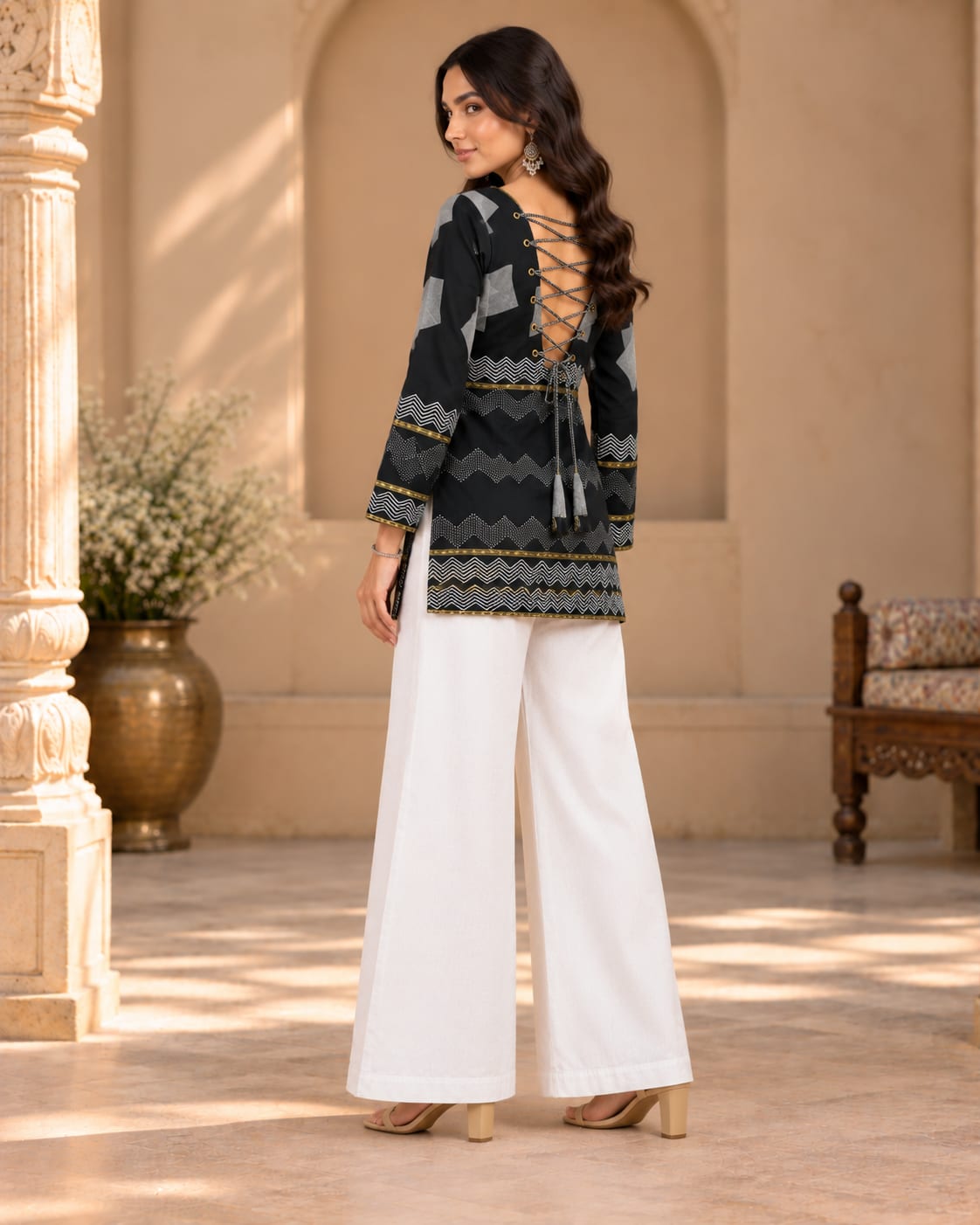 Geometric Glam Black Tunic with Back Tie-Up