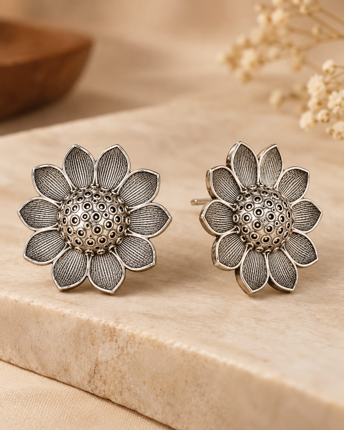 Gul Bloom Oxidized Silver Flower Stud Earrings