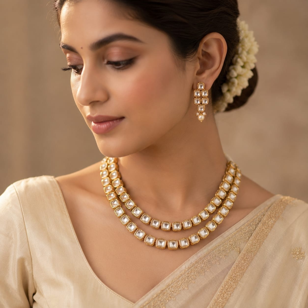 Traditional Gold-Plated Double Layer Kundan Necklace Set with Matching Earrings – Gold & White