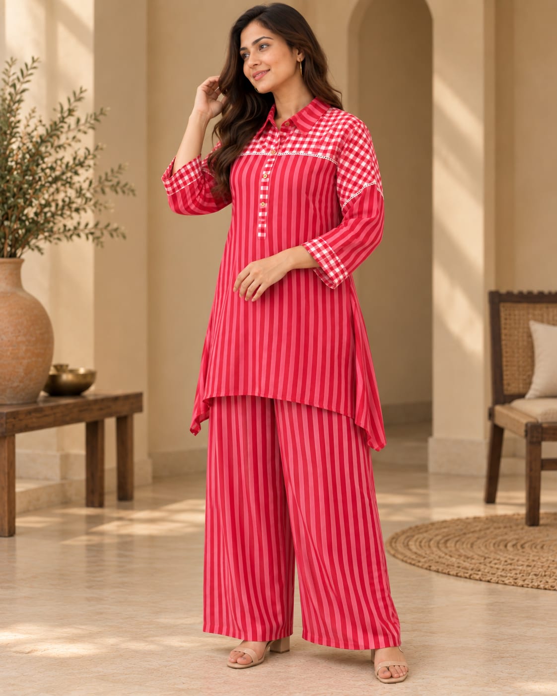 Red Striped and Checked Cotton Co-Ord Set with Stylish Palazzo Pants