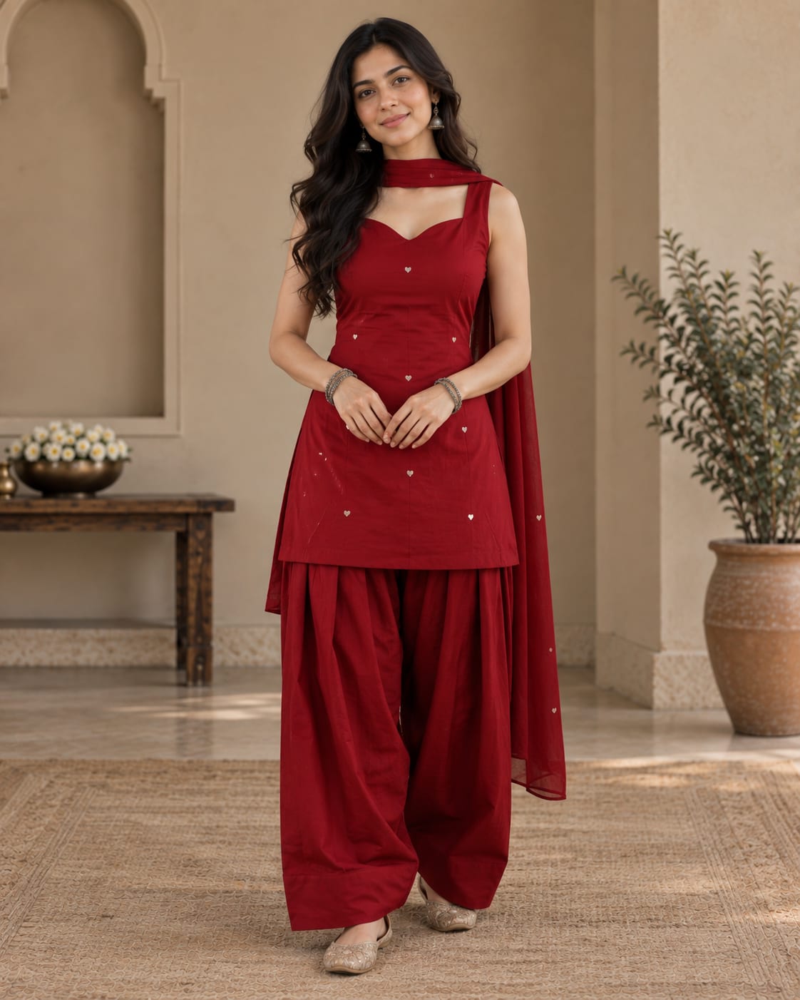 Original Pure Cotton Sleeveless Kurta with Voluminous Farshi Salwar and Chiffon Dupatta Set