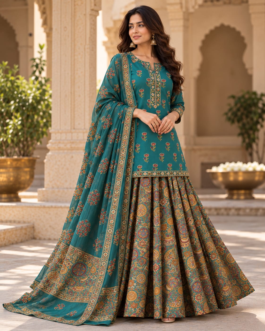 Teal Ajrakh Block Print Lehenga Set