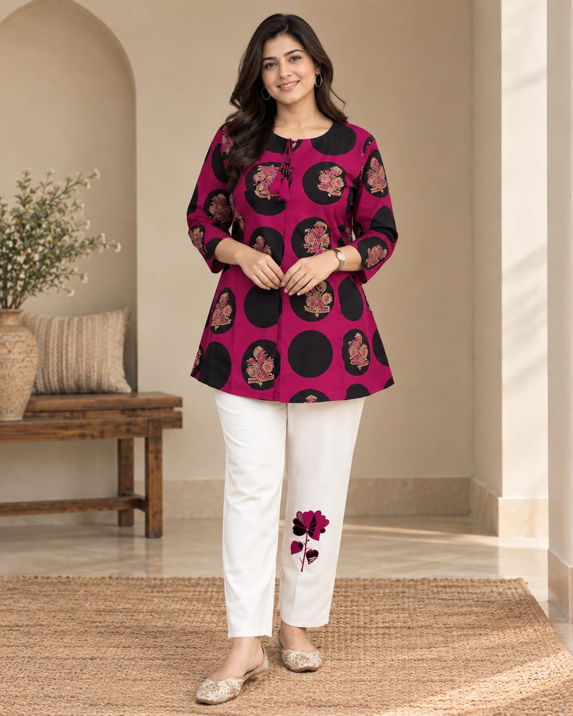 Cotton Printed Tunic with Original Katha Work and Embroidered Patchwork Pant Co-Ord Set