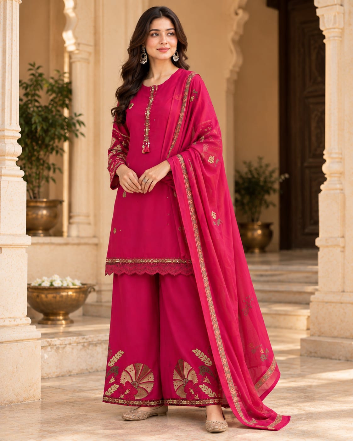 Rani Pink Jaipuri Embroidered Cotton Palazzo Set