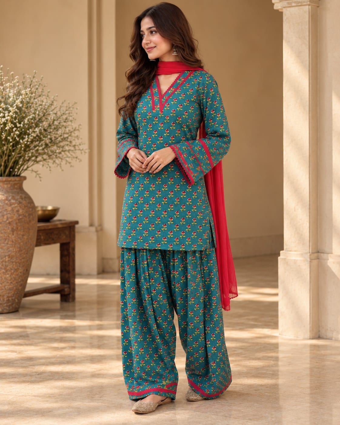 Special Bottle Green Block-Print Cotton Kurta with Farshi Salwar and Dupatta Set