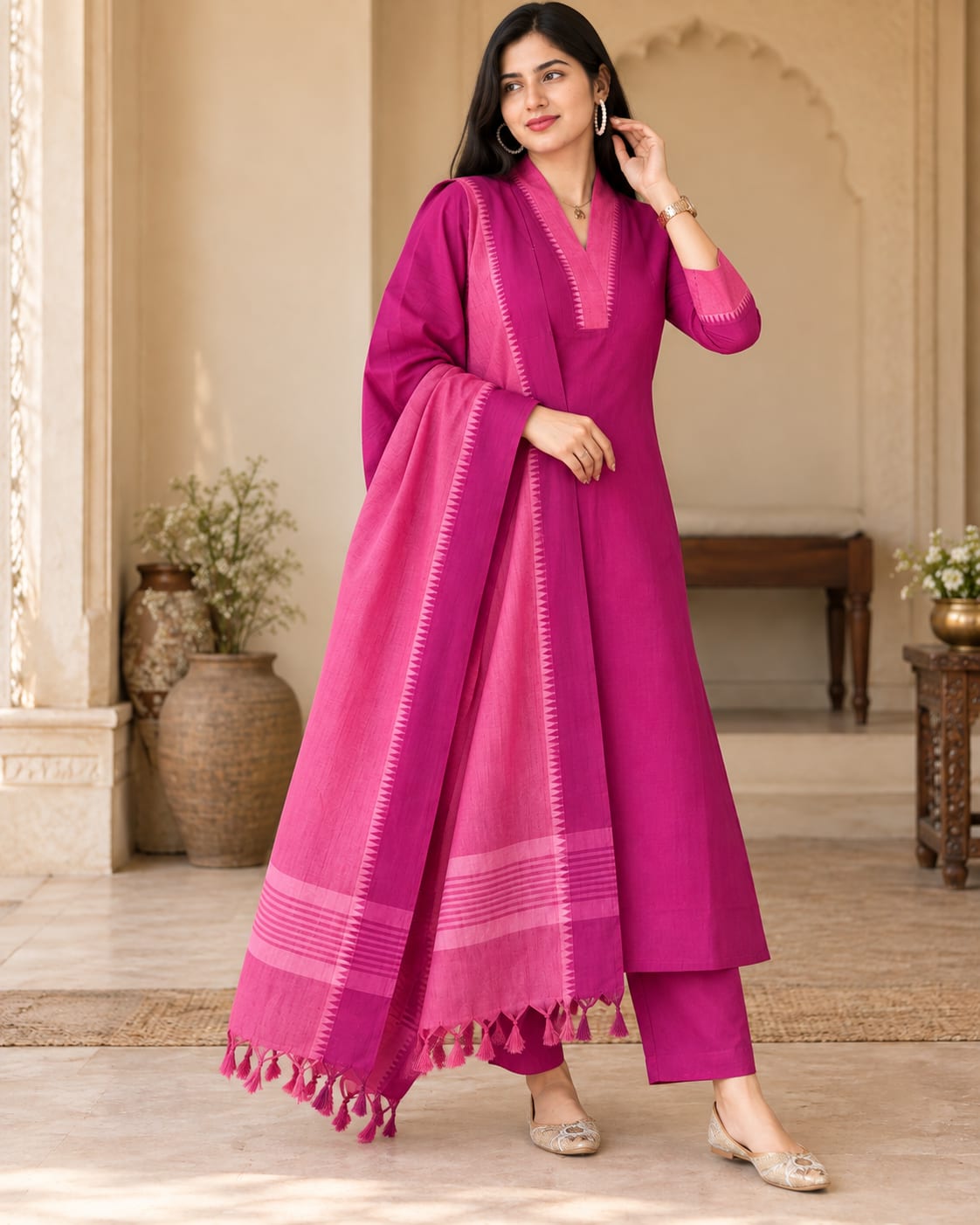 Vibrant Magenta South Cotton Handloom Kurta Set